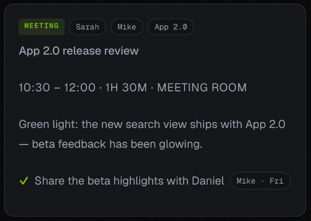 Hemory meeting summary showing an App 2.0 release decision and an action item assigned to Mike for Friday.