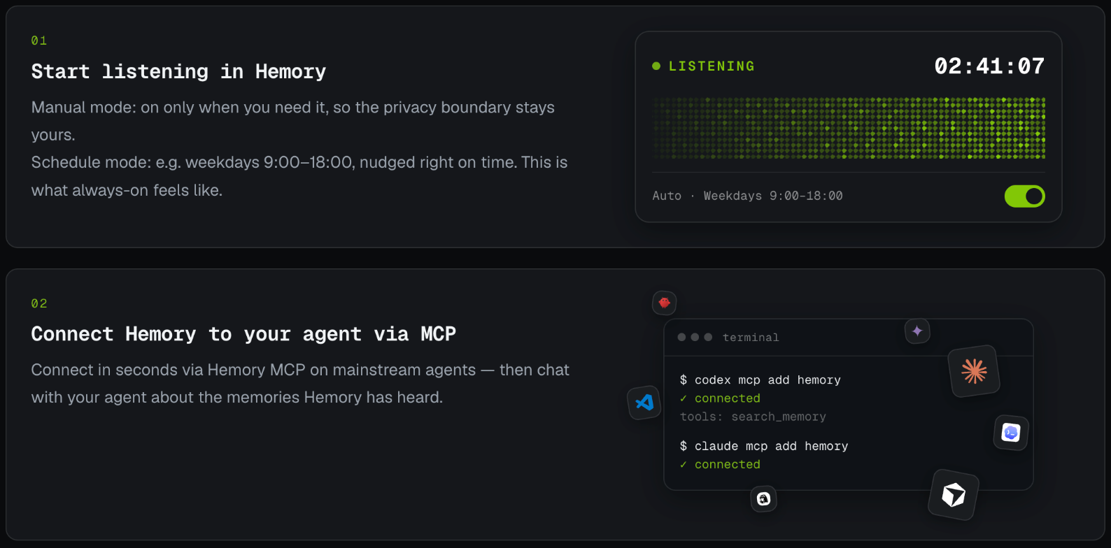 Two-step Hemory workflow showing conversation recording followed by an MCP connection to an AI agent.